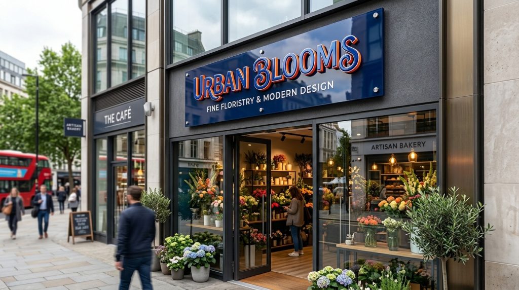 Glossy acrylic business sign with vibrant branded lettering mounted on a modern shopfront, showing the premium appearance of acrylic signage.
