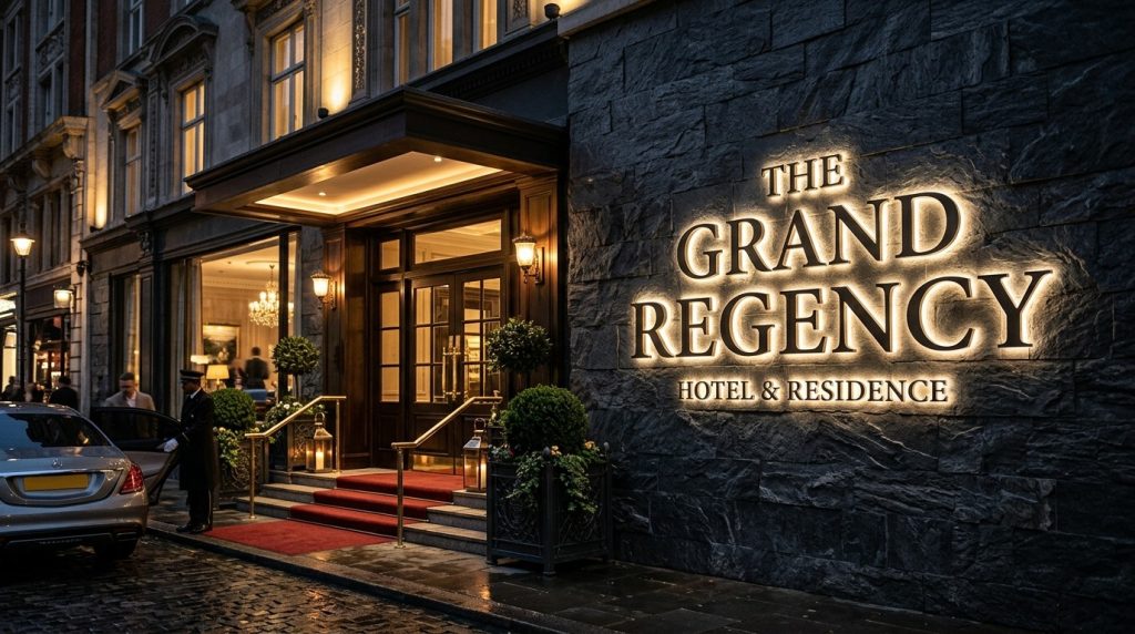 Elegant hotel entrance with refined illuminated signage, showcasing halo lit vs face lit letters and the premium effect of soft architectural backlighting.