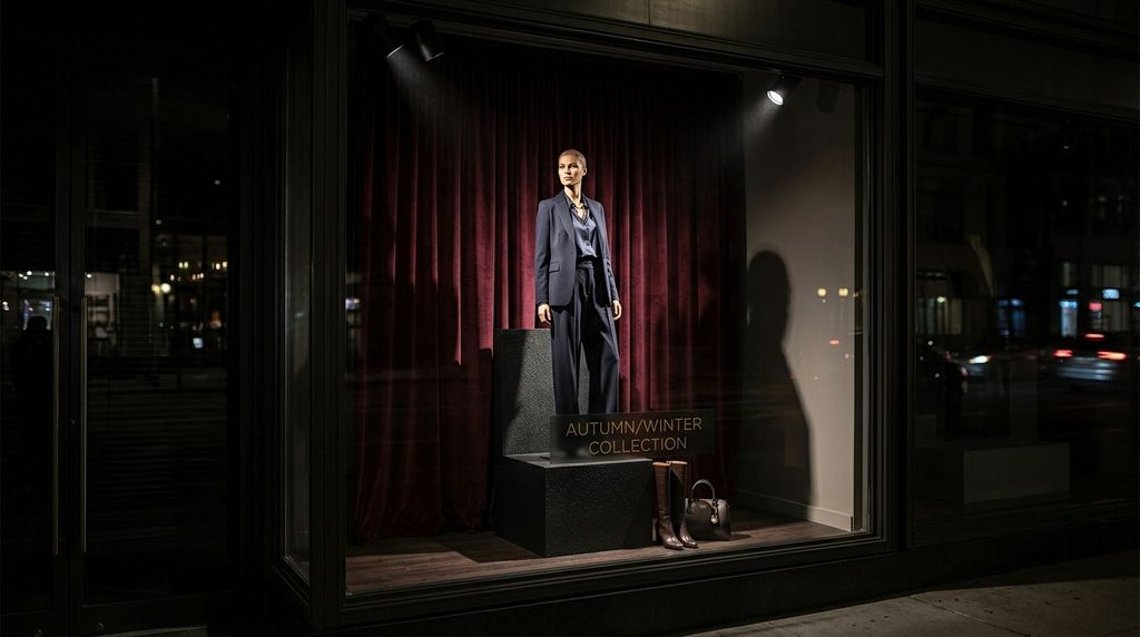 A closed window display at night, featuring a single mannequin on a raised plinth against a deep-coloured fabric backdrop. Focused spotlights create sharp shadows, enhancing the visual appeal and drawing attention to the elevated display in this retail space.