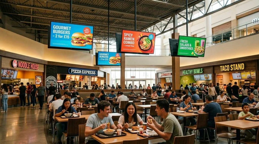 Lively food court area within a shopping mall, featuring high-brightness digital displays that showcase vibrant promotional content aimed at capturing customer attention.