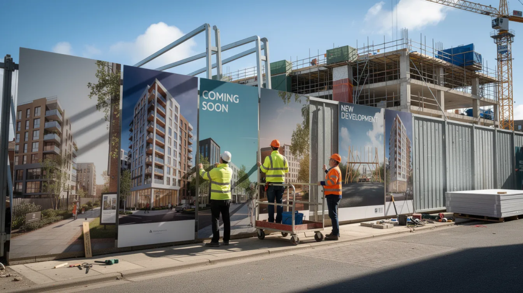 Construction Hoarding Branding Ideas showing construction workers installing large branded hoarding panels at a construction site.
