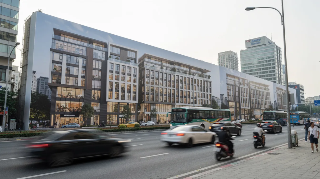Construction Hoarding Branding Ideas featuring a photorealistic building render displayed on construction hoardings along a busy urban road.