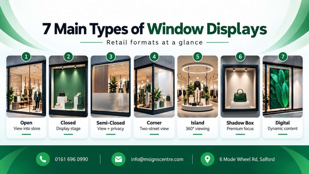 Infographic illustrating the seven main types of retail window displays: open, closed, semi-closed, corner, island, shadow box and interactive digital displays with visual examples.