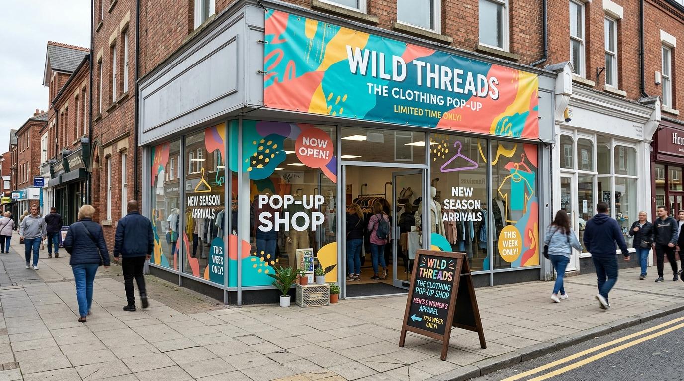 Pop-up shop displaying a temporary promotional banner, removable window graphics and an A-frame beside the entrance, with products visible inside.