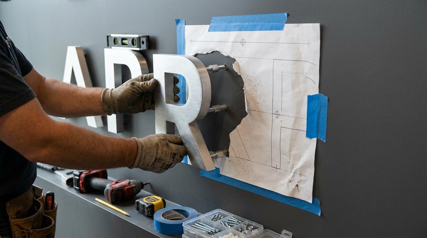 Installer mounting a reception sign using spacers and professional wall fixings.