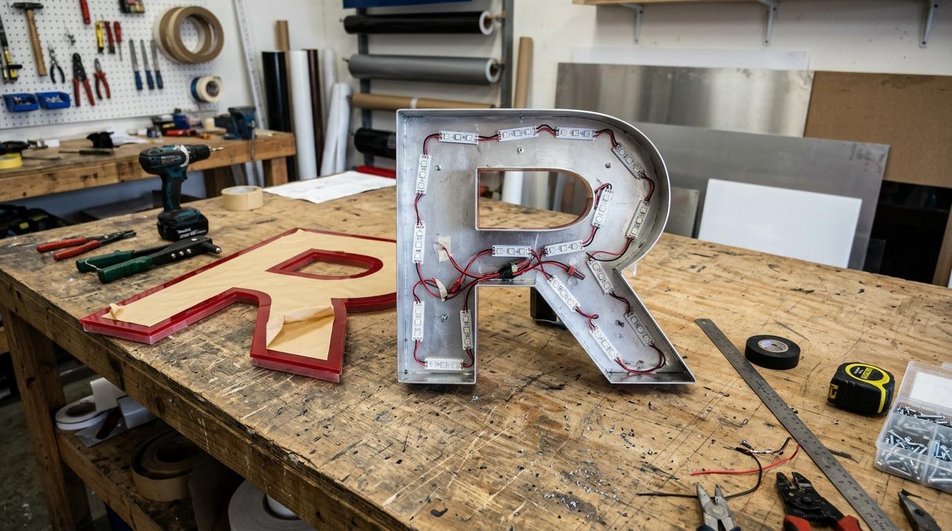Close-up of a partially assembled 3D illuminated letter showing the acrylic face, aluminium returns, back panel and internal LED modules during fabrication.