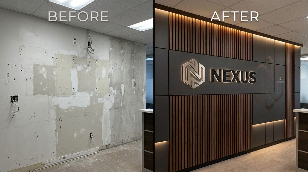 The image shows a striking before-and-after transformation of a commercial feature wall; on the left, a dull and patchy wall with visible imperfections, and on the right, a stylish finished wall adorned with branded graphics, dimensional lettering, and warm accent lighting, creating a focal point that effectively hides flaws and adds depth to the space.