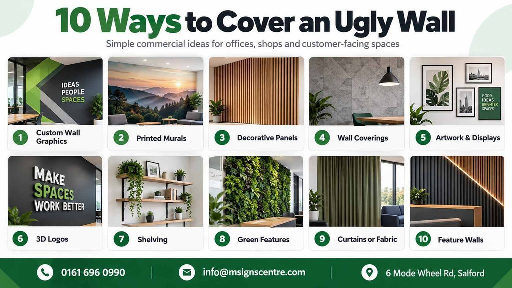 Horizontal infographic showing how to cover an ugly commercial wall with 10 ideas, including wall graphics, murals, panels, artwork, shelving, greenery and 3D branding.