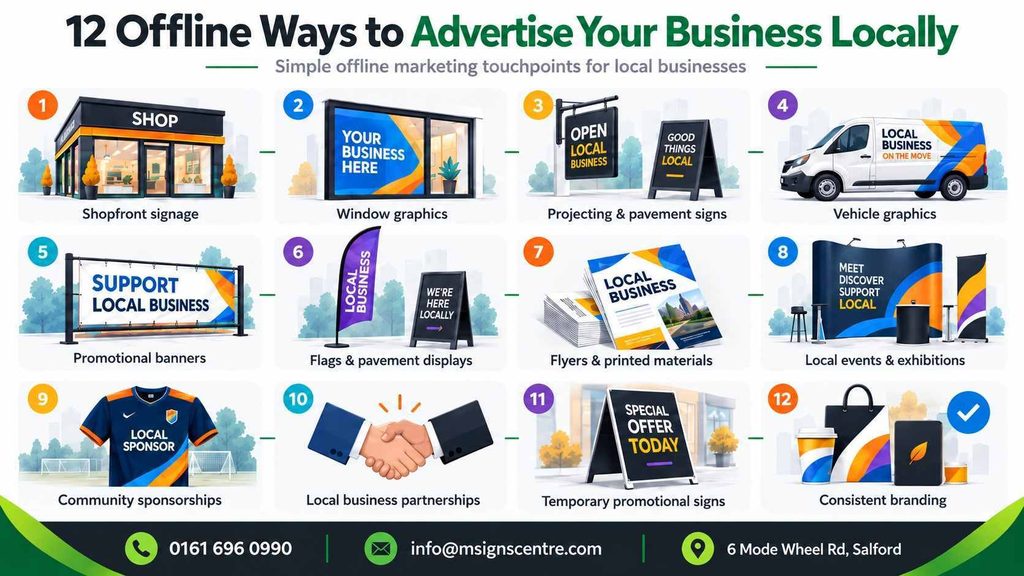 Infographic showing 12 offline ways to advertise a local business, including shop signs, window graphics, vehicle branding, banners, flyers, events, sponsorships & local partnerships.