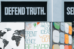 A collage featuring a building with a prominent sign reading "Defend Truth" displayed prominently.