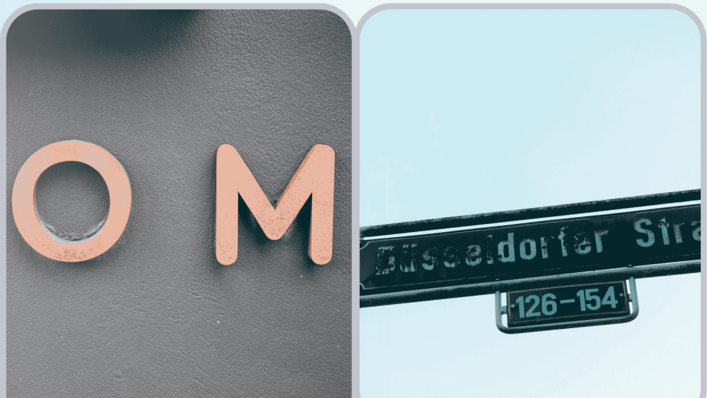 Street sign featuring the word "Om" alongside an illustration of a building, blending spirituality with urban life.