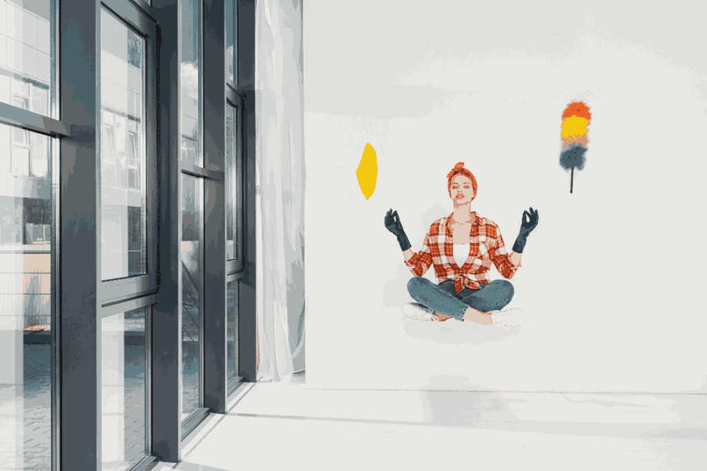  A woman on the floor, using a broom and a paintbrush, engaged in a creative cleaning or art project.
 custom wall graphics