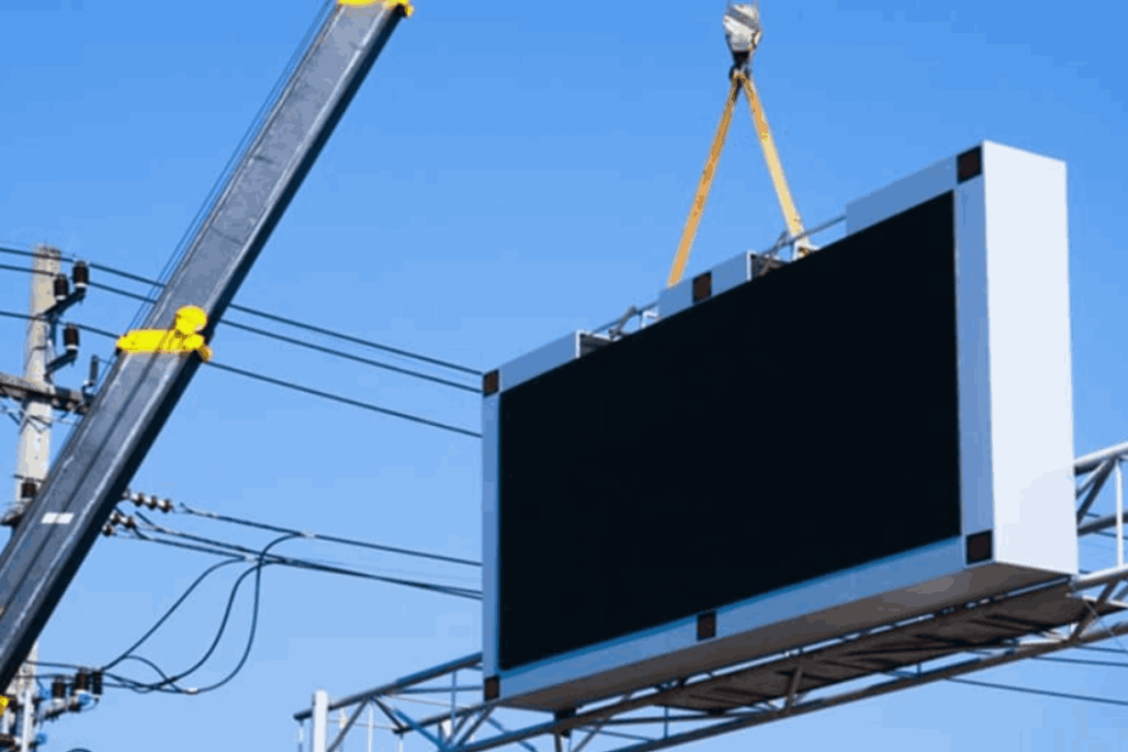 (This image is showing a outdoor sign board being installed)