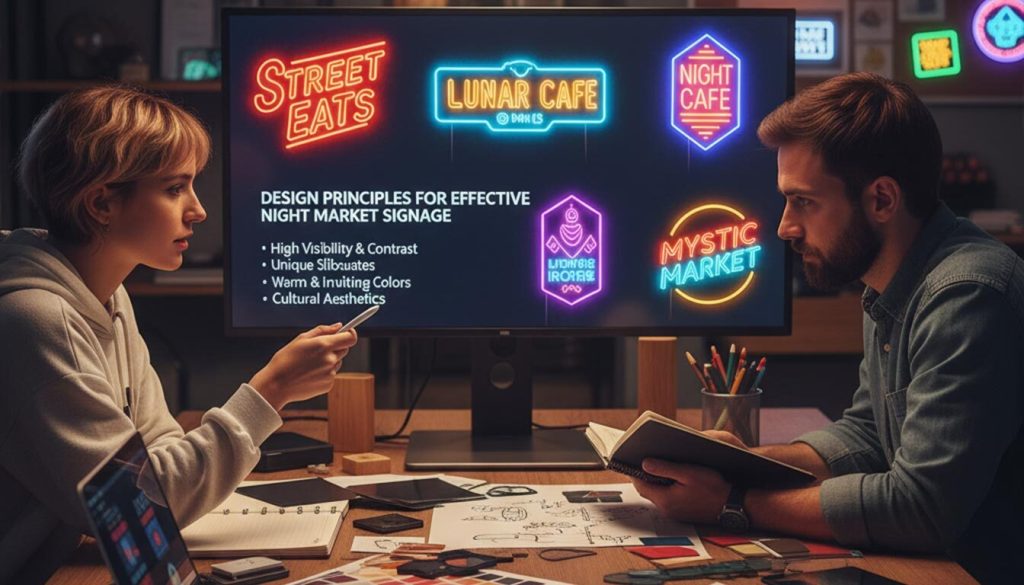 (Two designers, a woman and a man, are intently discussing "Design Principles for Effective Night Market Signage" while working at a desk littered with color swatches, sketches, and a laptop. A large monitor in front of them displays various neon sign mock-ups and a list of design principles, emphasizing high visibility, unique silhouettes, warm colors, and cultural aesthetics.)
night market signage