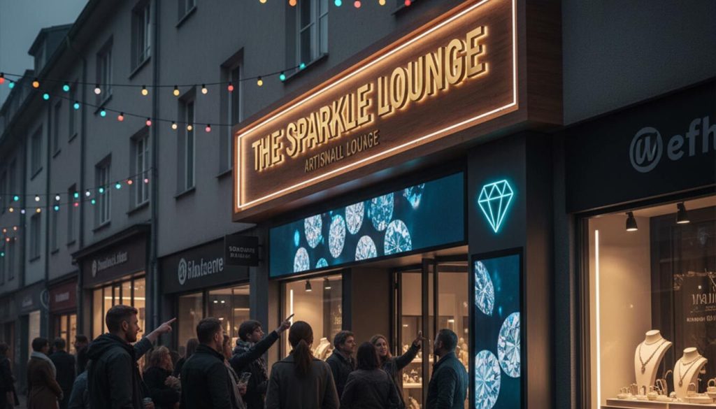 (A group of people are gathered and pointing towards "THE SPARKLE LOUNGE," a modern jewelry shop in a modest market street at dusk. The shop front boasts premium retail signage, including a prominent illuminated name and a large digital display showcasing sparkling diamonds and a neon diamond logo, drawing significant attention from passersby.)premium retail signs
