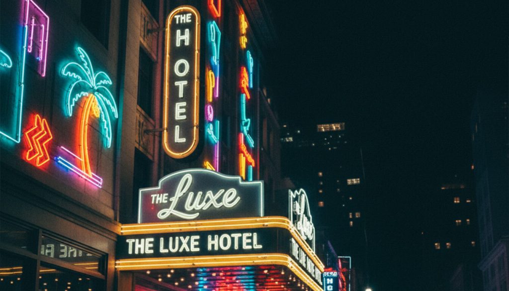 (A vibrant night-time street scene showcases "The Luxe Hotel" with its dazzling array of colorful neon signs. Bright lights illuminate "THE HOTEL" vertically, a neon palm tree, and various directional arrows for "SKY BAR," attracting pedestrians and creating a lively urban atmosphere with streaks of light from passing vehicles.)