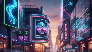 A bustling city street at dusk, illuminated by a variety of futuristic and colorful outdoor LED signs and digital billboards, with light trails from moving traffic