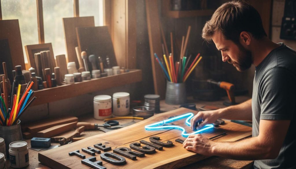 (In a rustic workshop bathed in natural light, a bearded craftsman meticulously places a glowing blue neon tube onto a wooden sign that reads "THE COPPER CUP." The workbench is covered with various materials like metal sheets, carving tools, and sketches, emphasizing the detailed and material-focused process of creating the custom signage.)signage durability