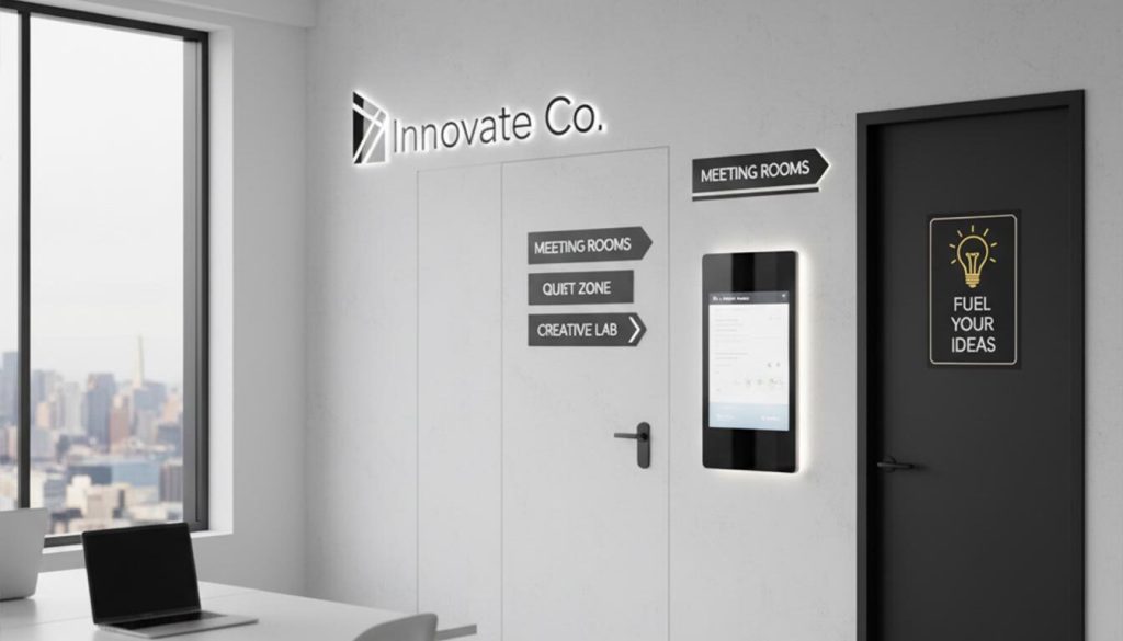 A bright, modern office space with a large window overlooking a city skyline features a prominent wall with various "Office Signage Ideas." These include a glowing "Innovate Co." logo, directional signs for "MEETING ROOMS," "QUIET ZONE," and "CREATIVE LAB," and a motivational sign "FUEL YOUR IDEAS" on a dark door. The foreground shows a clean desk with laptops, suggesting a productive workspace.