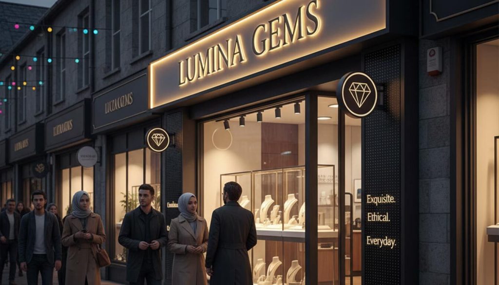 (A stylish jewelry shop named "LUMINA GEMS" stands out in a modern, modest market street at dusk. Its exterior features elegant, illuminated retail signage and a prominent diamond logo. The brightly lit display windows showcase exquisite jewelry, attracting a diverse group of casually dressed pedestrians strolling along the wet pavement under festive string lights.)