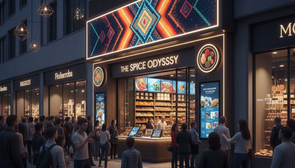(A modern market street scene at dusk, where a crowd of people are drawn to "The Spice Odyssey" shop. The shop front features a large, vibrant digital signage display with abstract, colorful patterns, and inviting illuminated signs, making it a focal point in the bustling urban environment.)signage psychology