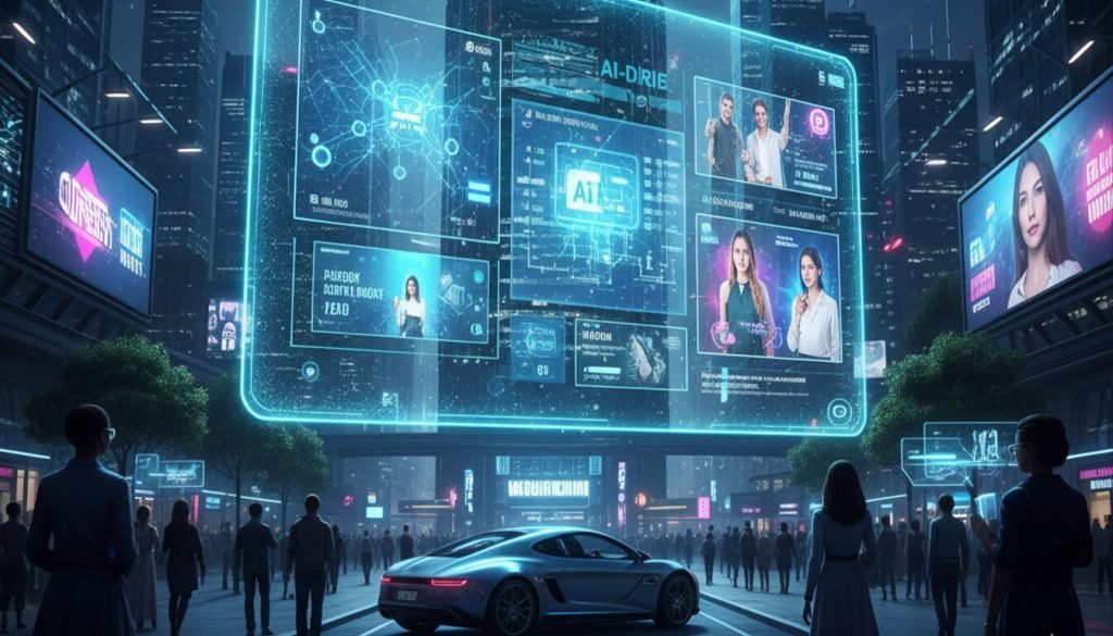 A futuristic cityscape at night, with a large, transparent holographic display in the center showcasing AI-driven content and advertising. Drones fly overhead, and sleek cars drive on the illuminated street, while pedestrians interact with glowing digital signs.