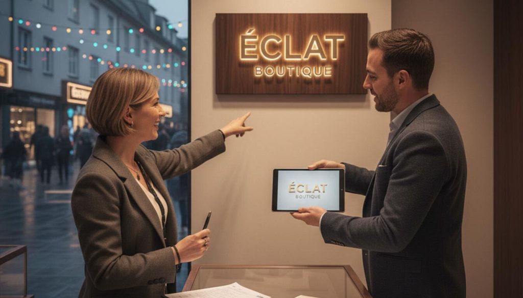 ( A man and woman stand together in front of an "Eclat Software" sign, smiling and engaged in conversation)premium retail signs