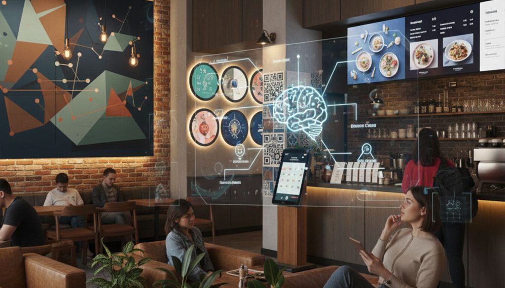 A contemporary cafe interior featuring a woman in the foreground looking towards a holographic projection of a human brain, connected by glowing lines to various psychological and design elements within the space, such as circular wall art and digital menus, emphasizing the link between design and psychology in indoor branding.