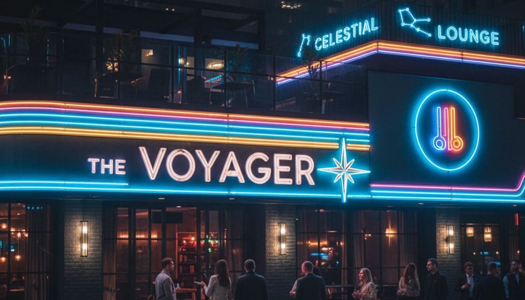 (A sleek, modern hotel entrance at night, adorned with vibrant neon signs. "THE VOYAGER" is illuminated in white, flanked by colorful horizontal lines and a starburst emblem. Above, "CELESTIAL LOUNGE" glows in blue with constellation motifs. A circular neon sign with an abstract design and "|||" icon also draws the eye, as patrons gather outside and a car blurs past.)hotel neon signs