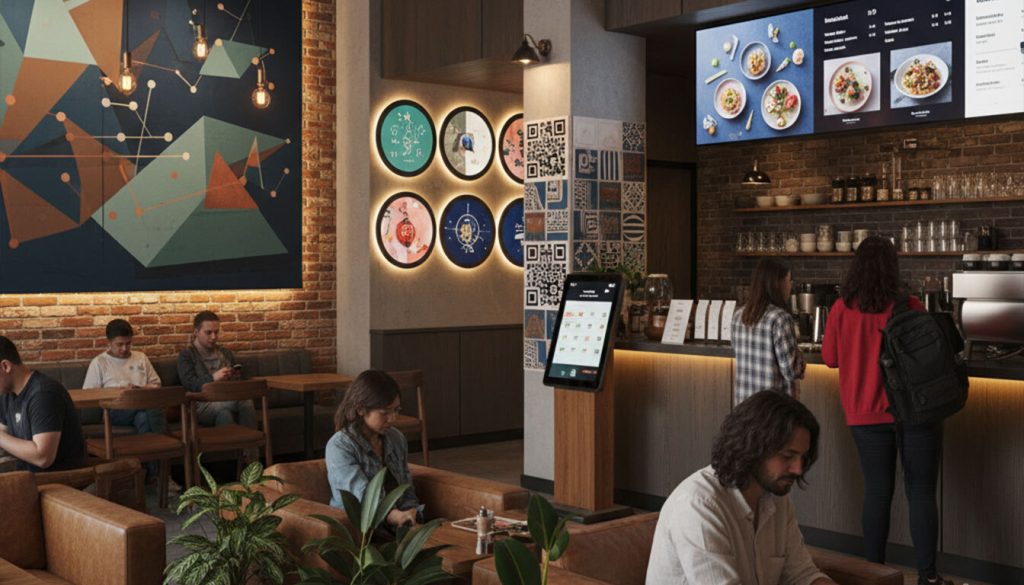 A vibrant and modern café interior with a mix of brick and wood textures, featuring various forms of indoor branding like large geometric wall art, illuminated circular displays, QR codes, and digital menu screens. Customers are casually seated, some using phones, while others order at the counter.