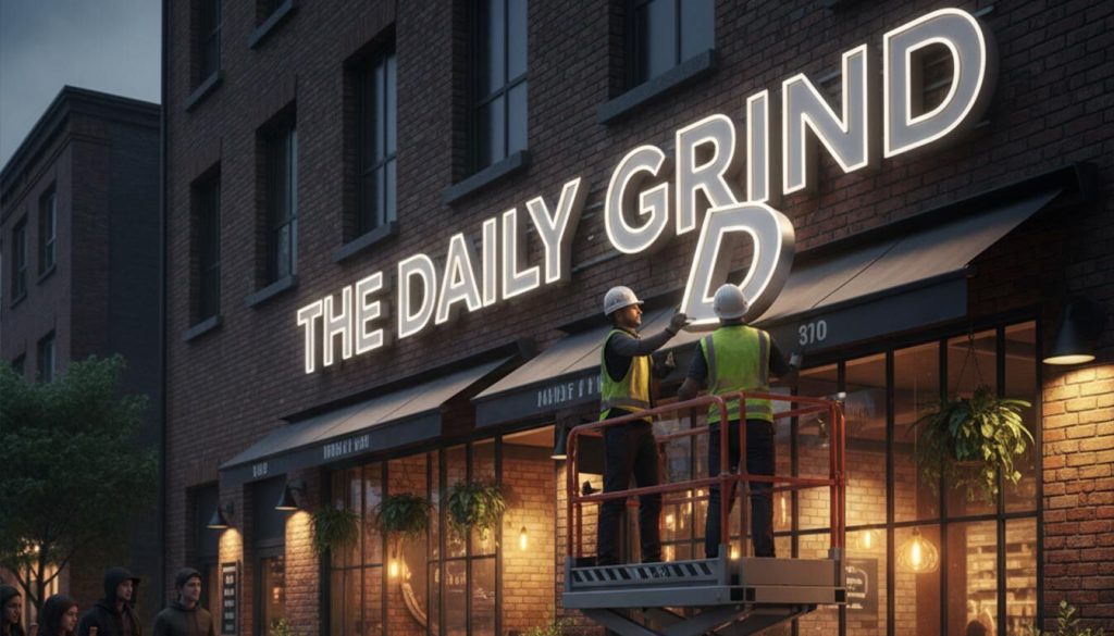 (Two workers on a scissor lift are installing large, illuminated 3D letters spelling "THE DAILY GRIND" onto the brick facade of a modern coffee shop at dusk.) illuminated 3D signs