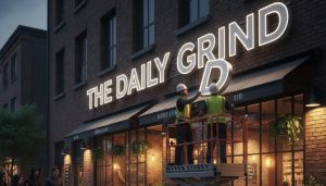 (Two workers on a scissor lift are installing large, illuminated 3D letters spelling "THE DAILY GRIND" onto the brick facade of a modern coffee shop at dusk.) illuminated 3D signs