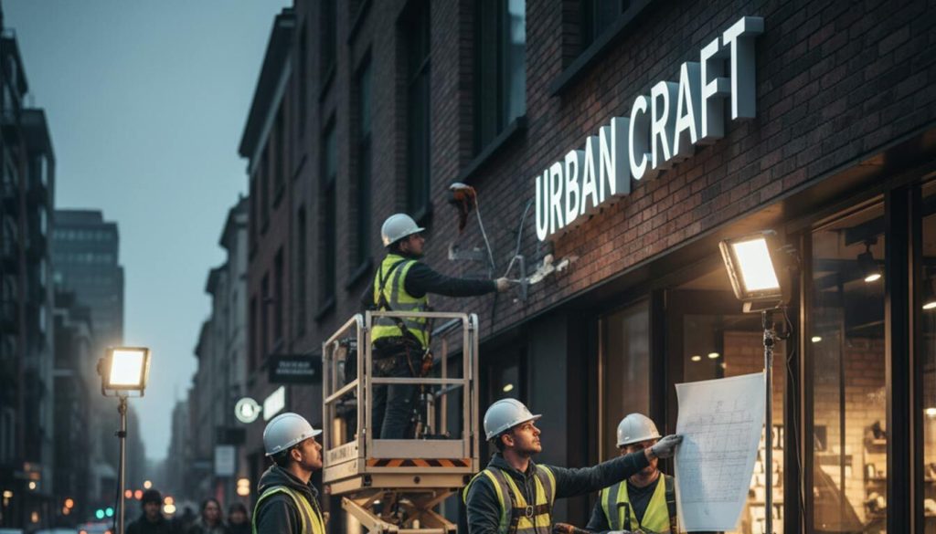 (On a city street at dusk, a site manager in a hard hat and high-vis vest points to blueprints while guiding two workers on the step-by-step installation of a 3D illuminated "URBAN CRAFT" sign on a brick storefront.) illuminated 3D signs