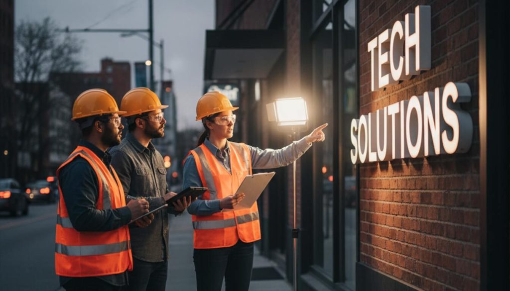 (Outside a brick storefront with an illuminated "TECH SOLUTIONS" sign, a female project manager in a hard hat and high-vis vest points towards the sign while discussing safety and compliance standards with two male engineers, also in hard hats and vests, who are holding clipboards.) illuminated 3D signs