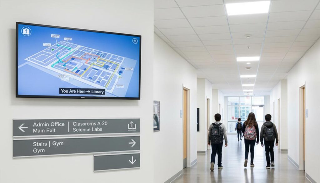 In a bright, modern school hallway, a digital screen displays an interactive map with "You Are Here -> Library," serving as "Wayfinding and Directional Signage." Below it, clear grey physical signs with arrows point towards "Admin Office," "Main Exit," "Classrooms A-20," "Science Labs," "Stairs," and "Gym," effectively guiding students who are seen walking further down the hall.