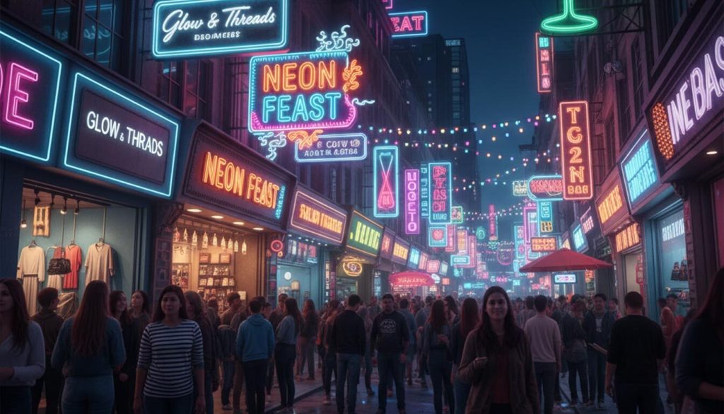 (A vibrant night market street scene, bustling with a crowd of people, is illuminated by an array of colorful 3D neon signages from various shops. Signs like "NEON FEAST," "Glow & Threads," and a giant cocktail glass glow brightly, reflecting on the wet pavement and creating a lively atmosphere. String lights crisscross overhead, adding to the festive "Night Market Signage" theme.) night market signage