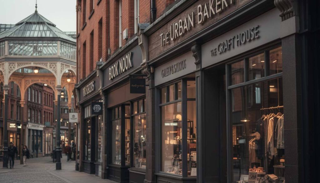 A charming urban street, free of pedestrians, is shown during the day, featuring historic red-brick buildings housing "different shop names" and their "outdoor letter signs." Businesses like "THE URBAN BAKERY," "THE CRAFT HOUSE," "GALILEO'S STUDIOS," and "BOOK NOOK" display their names in elegant, raised lettering above their storefronts