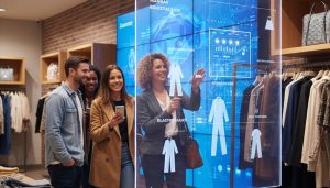a modern UK retail space with brick walls and stylish clothing racks, a diverse group of shoppers interacts with advanced "personalised displays." A woman with curly hair gestures towards a transparent, holographic screen showing clothing options and data, while other customers look on, some holding smartphones, illustrating how interactive technology can "Drive Brand Loyalty.