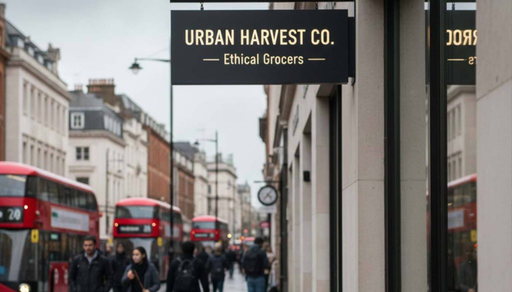 Black sustainable sign with gold text Urban Harvest Co. - Ethical Grocers hanging above a busy London street, emphasizing visibility.