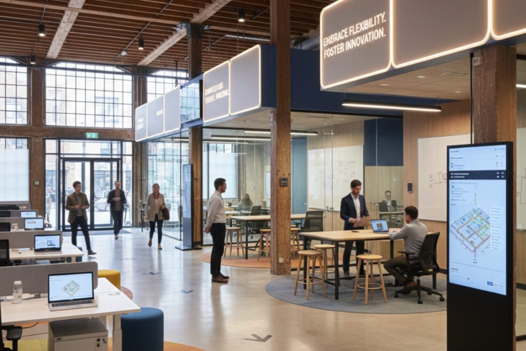 (Flexible office workspace demonstrating bright, branded illuminated signage reinforcing culture and a digital kiosk for navigation.) hybrid office signage