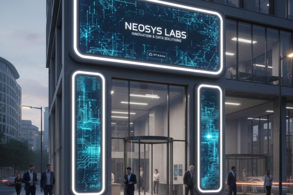 (Tech-enabled branding for Neosys Labs featuring a large illuminated digital sign with a circuit-style design technology logo and LED-lit vertical entrance panels.)tech‑enabled branding