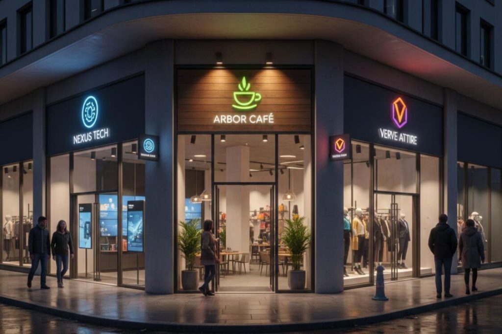 (Modern corner building featuring multi-location branding signs for a café, tech shop, and clothing store to ensure brand consistency.)multi‑location branding signs