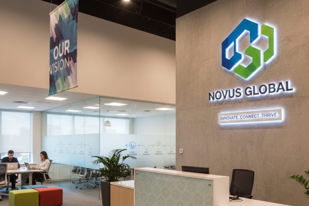 (Large, dimensional Novus Global logo and tagline signage (INNOVATE. CONNECT. THRIVE.) on a concrete feature wall in an office reception, showcasing high-impact branded interior design.)branded interior signage