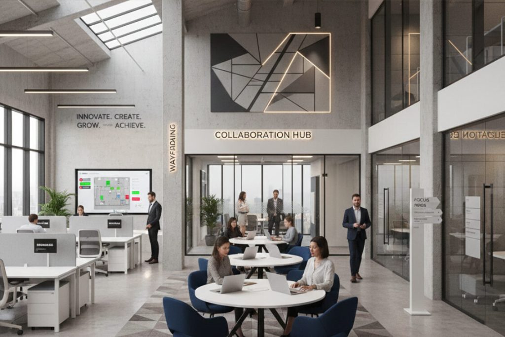 (Hybrid office collaboration hub with graphic wall art and clear digital wayfinding signage for complex layouts.)