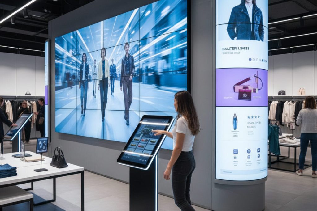 (Indoor digital display for shop with interactive kiosk and curved screen column enhancing customer engagement in a fashion retail environment.)
