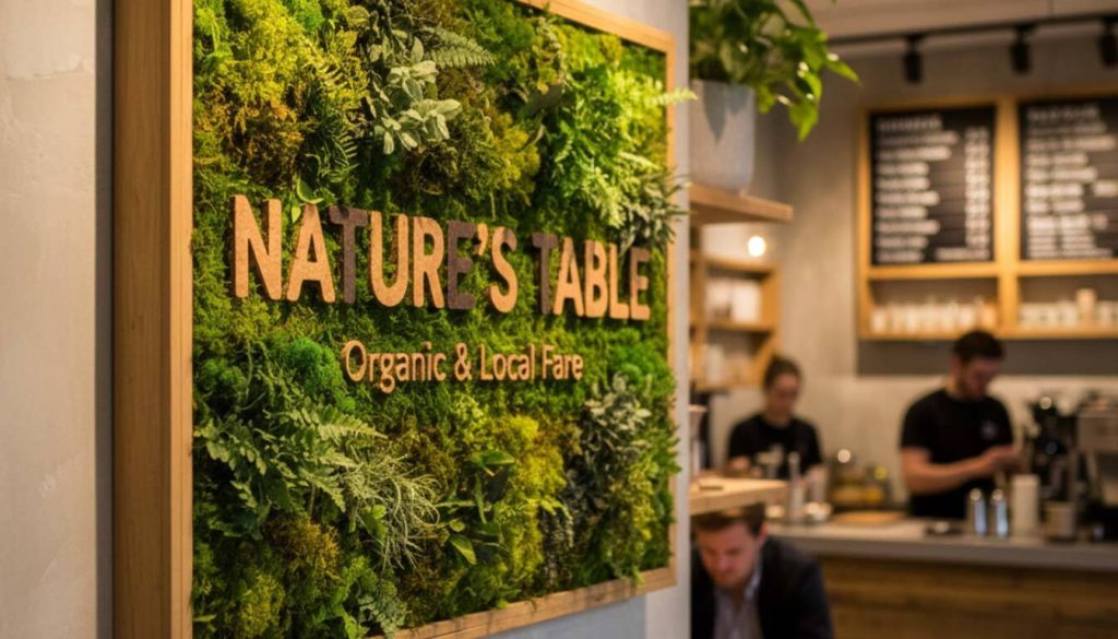 Interior green signage made of preserved moss and wood with Nature's Table and Organic & Local Fare text, showcasing natural materials.