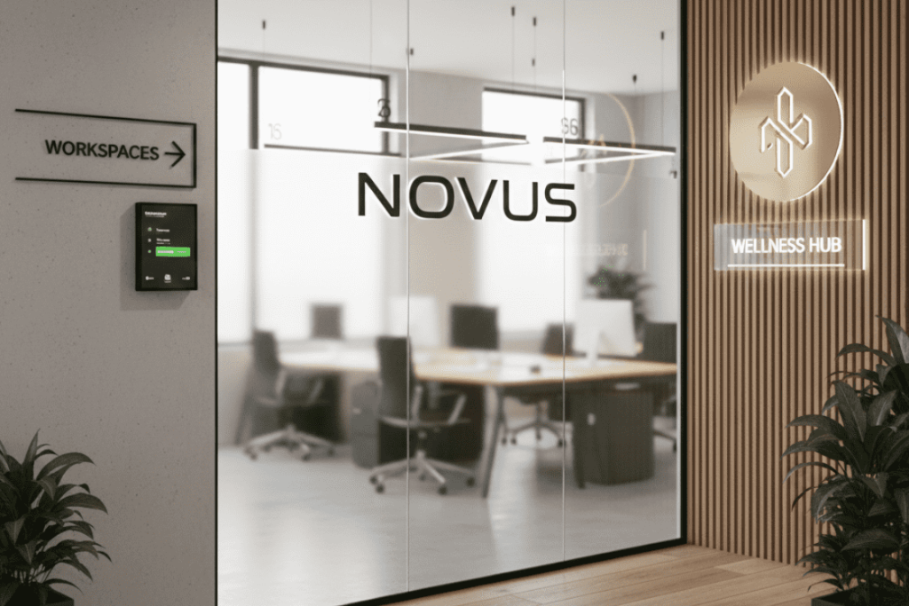(A glass-walled office with 'NOVUS' branding, a booking screen, and a 'Wellness Hub' sign.)office interior signage
