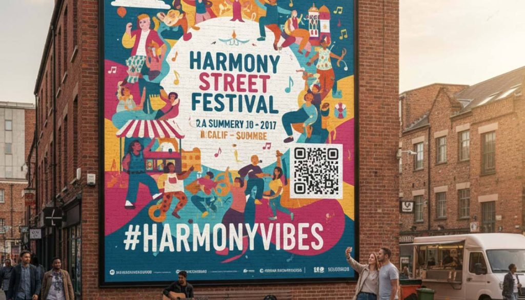 Large, vibrant festival billboard on a brick wall, showcasing creative street advertising screens and event promotion.