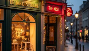 (Examples of elegant retail and bar signage on a high street featuring a traditional storefront and a red neon sign for a local bar called The Nest.)