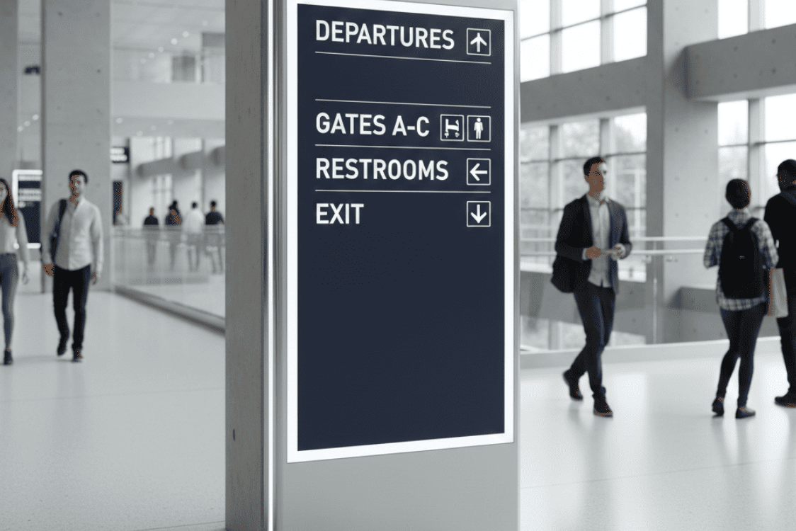 Modern directional sign with arrows and high contrast in a busy public space.